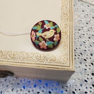 Vintage Floral Bird Hand Stitched Embroidery Round Brooch